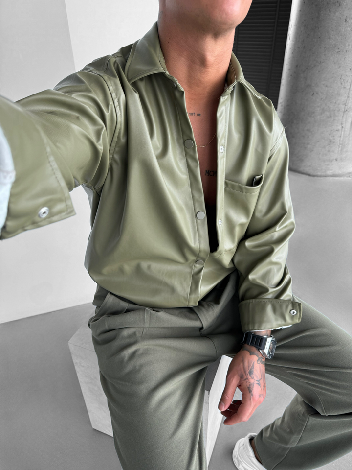 Oversize Leather Optik Shirt - Khaki