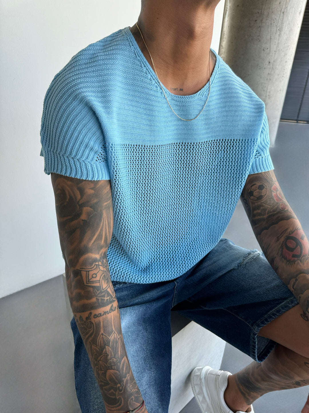 Oversize Textured Knit T-shirt - Babyblue