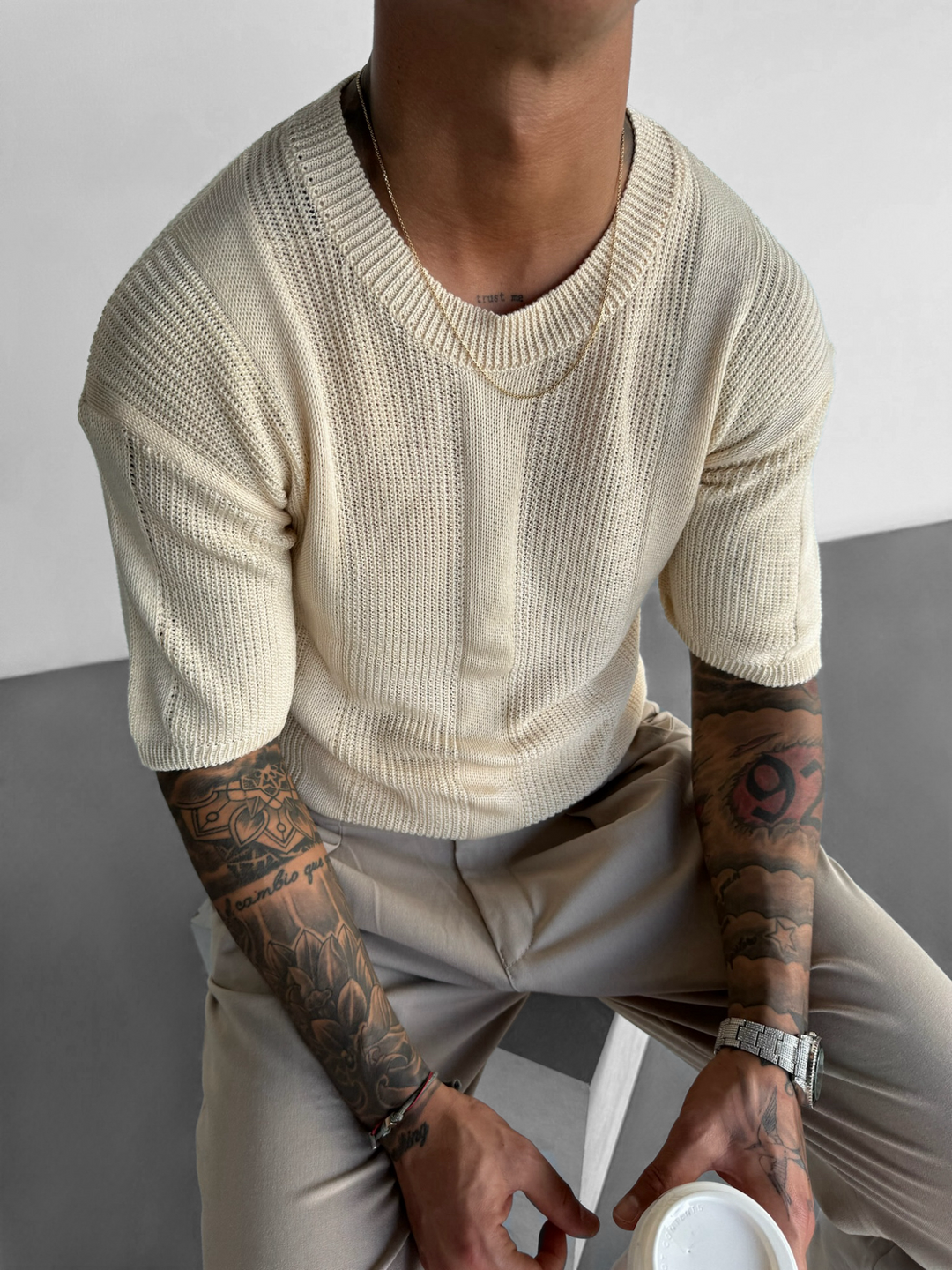 Oversize Long Knit Structure T-shirt - Creme