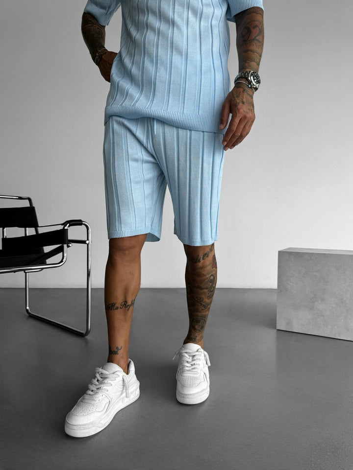 Loose Fit Wide Ribbed Shorts - Baby Blue