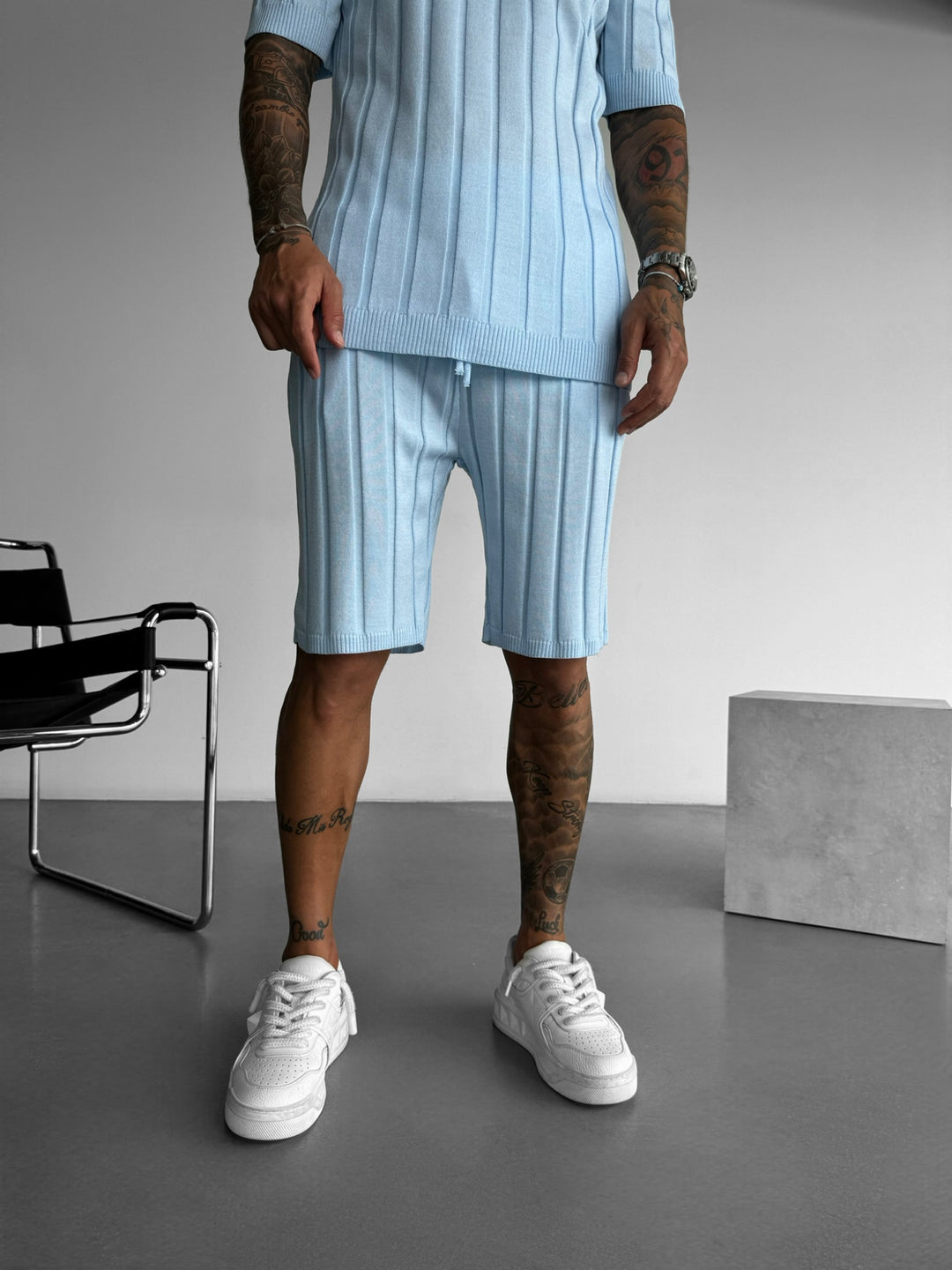 Loose Fit Wide Ribbed Shorts - Baby Blue