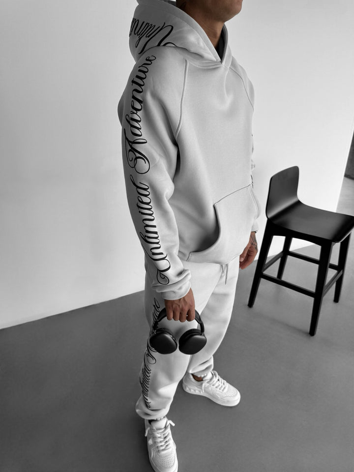 Grey hoodie with white writing Clearance