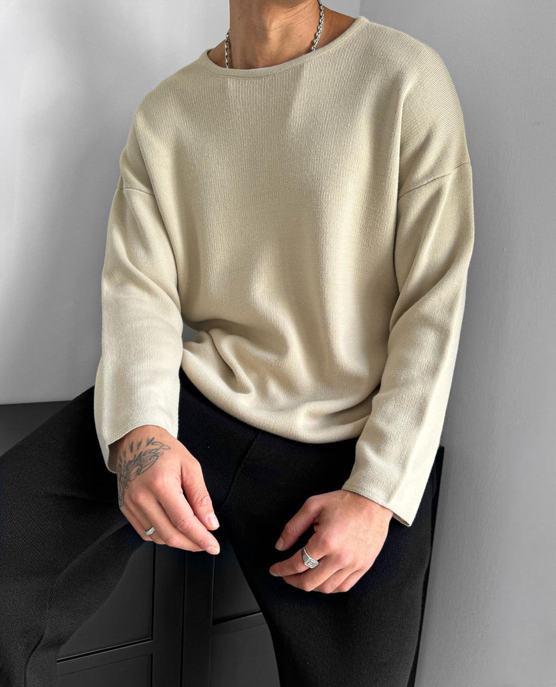 Loose Fit Knit Sweater - Beige