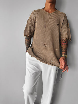 Oversize Knit Holes Tee - Brown