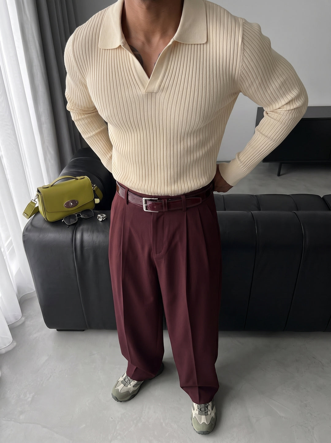 Slim Fit Knit Polo Sweater - Beige