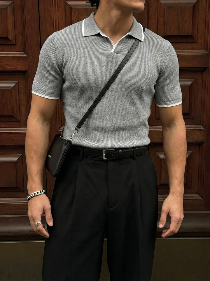 Regular Fit Knit Line Polo T-Shirt - Grey