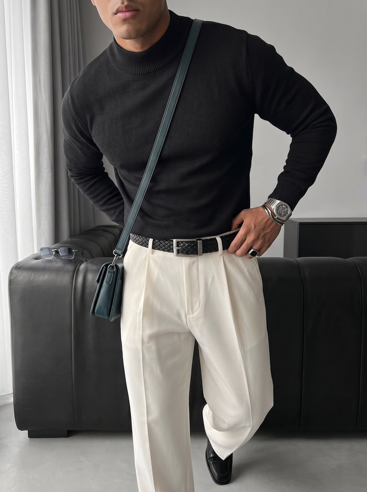 Loose Fit Half Neck Pullover - Black