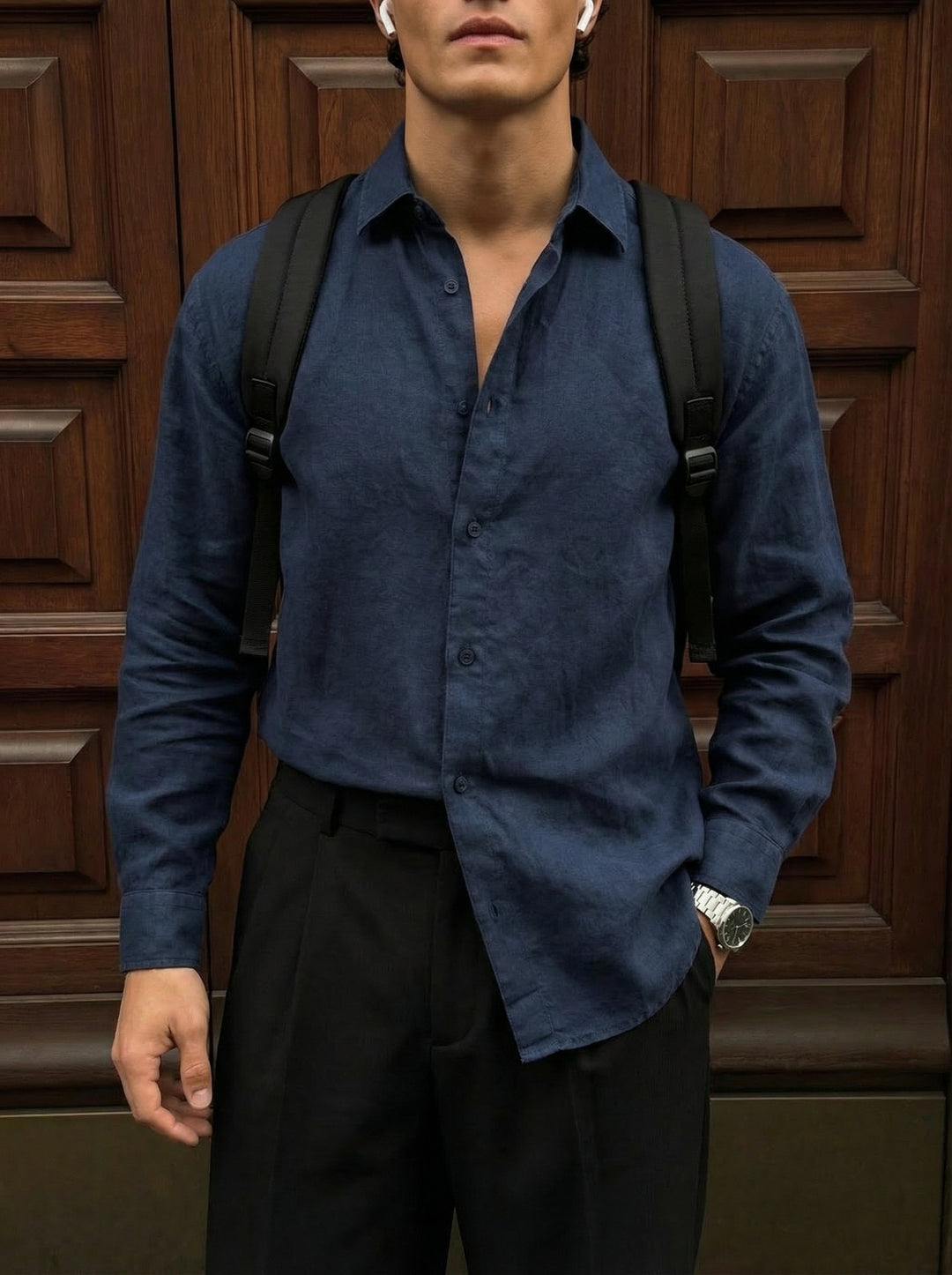Regular Fit Long Arm Linen Shirt - Navy Blue