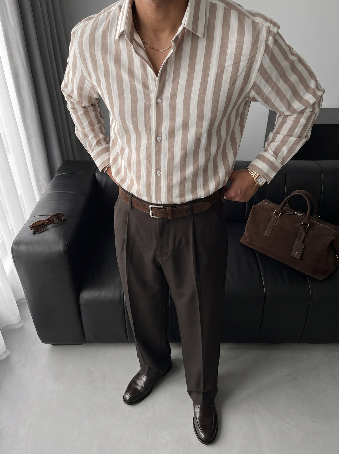 Oversize Cotton Striped Shirt - Camel