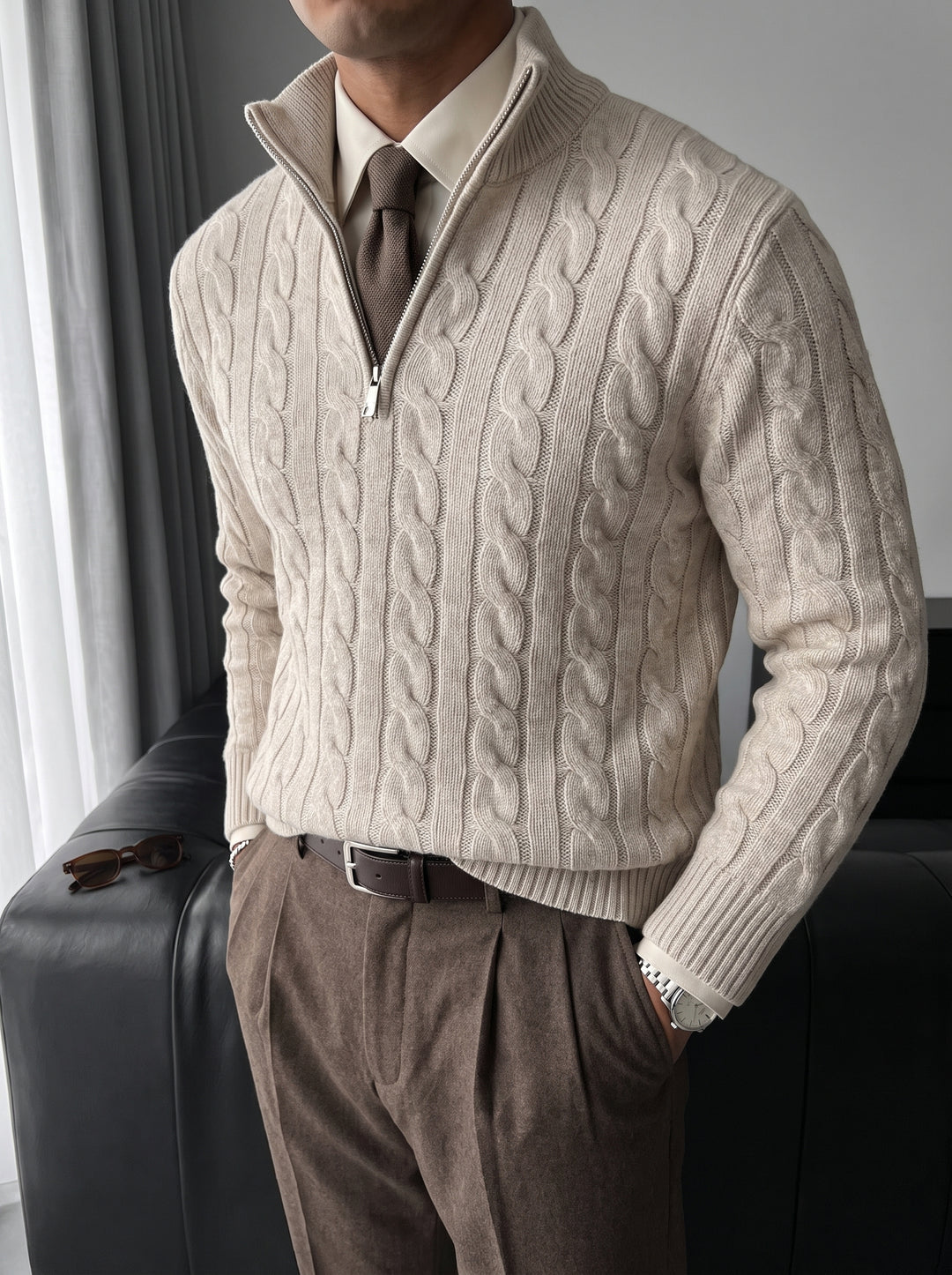 Oversize Collar Braid Pullover - Beige