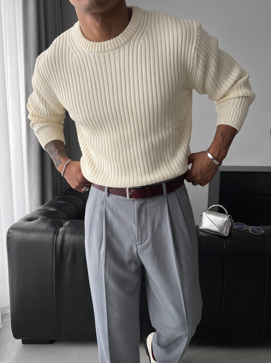 Loose Fit Striped Structure Pullover - Ecru
