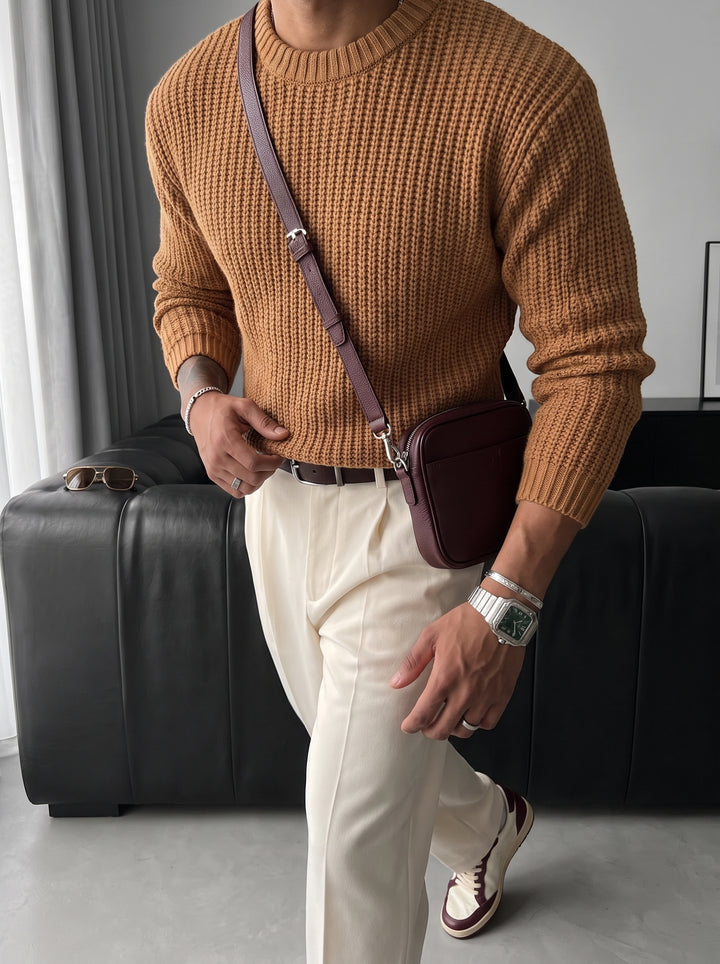 Slim Fit Braid Knit Sweater - Saffron