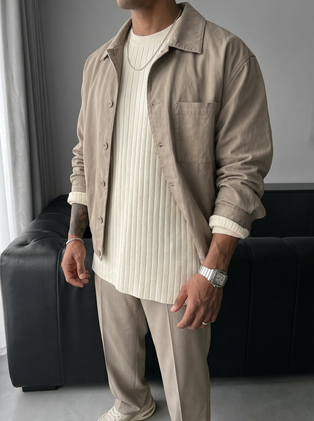 Oversize Wide Ribbed Long Arm Knit Sweatshirt - Stone