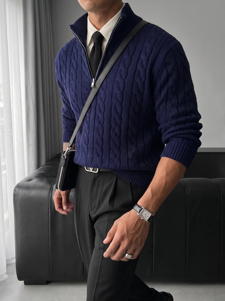 Oversize Collar Braid Pullover - Navy Blue