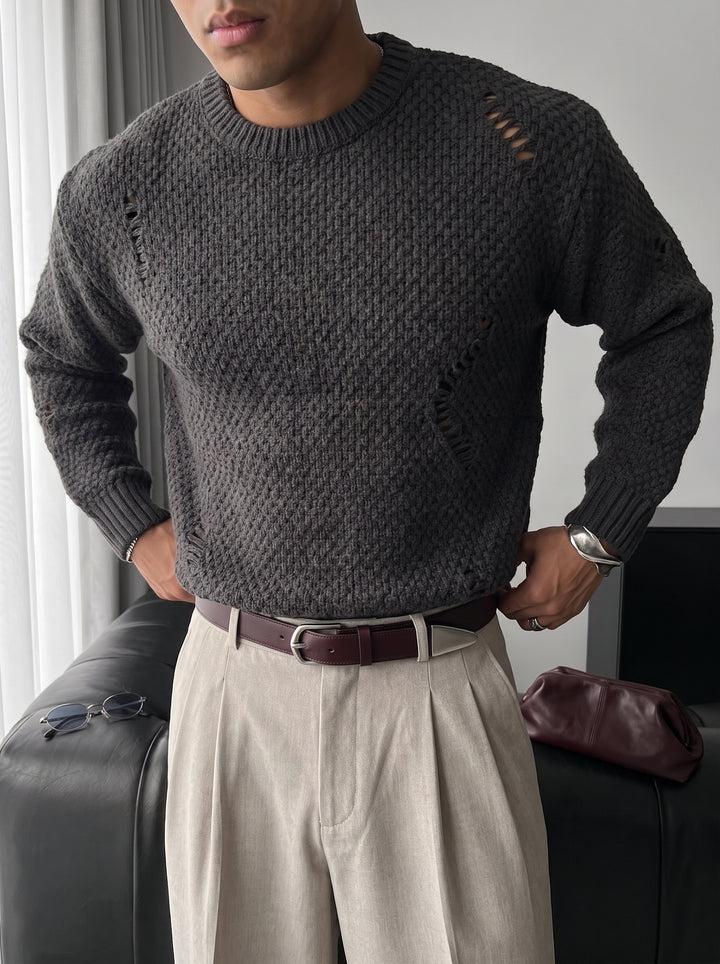 Regular Fit Textured Torn Sweater - Anthracite