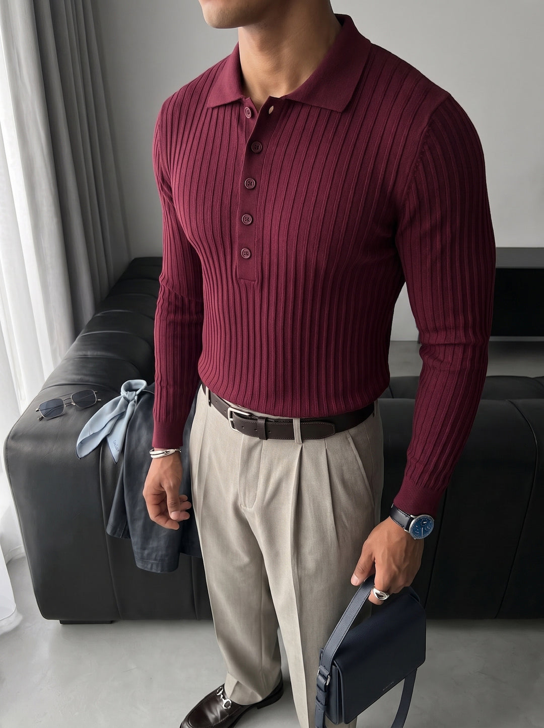 Slim Fit Polo Knit Sweater - Plum