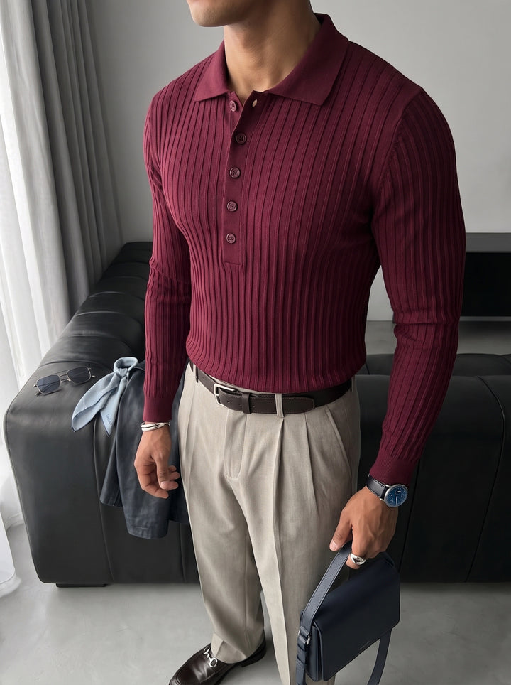 Slim Fit Polo Knit Sweater - Plum