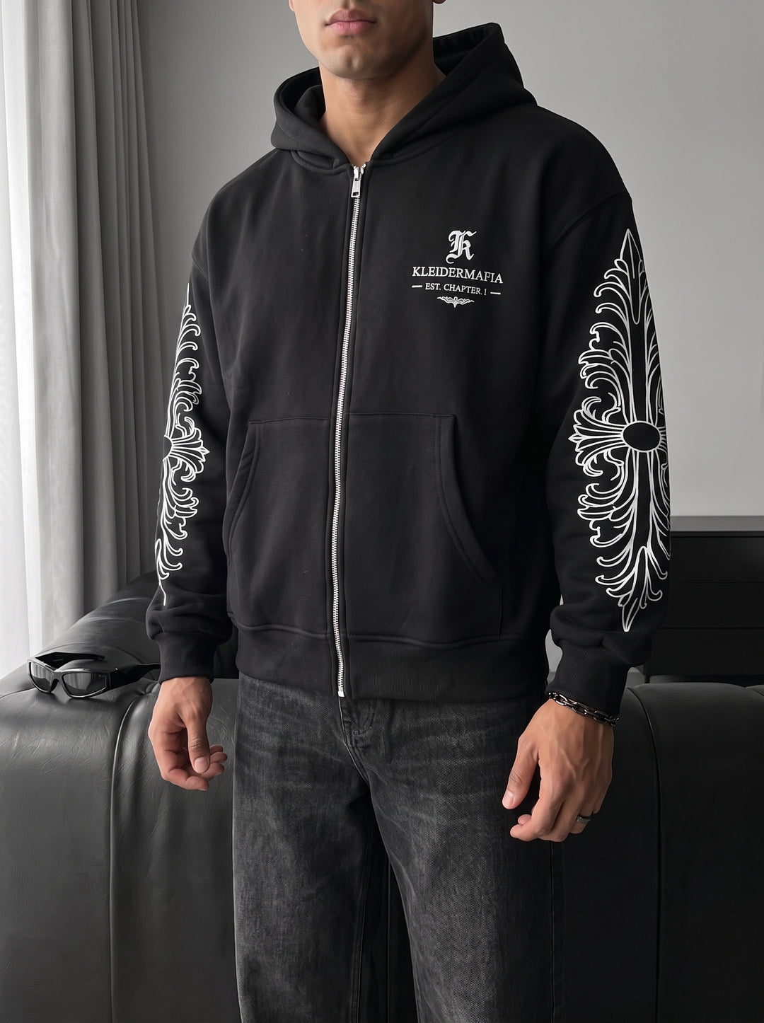 Oversize Motif Zipper Hoodie - Black