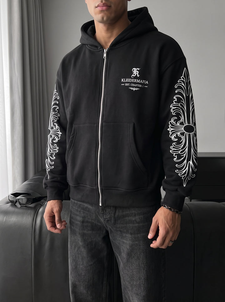 Oversize Motif Zipper Hoodie - Black