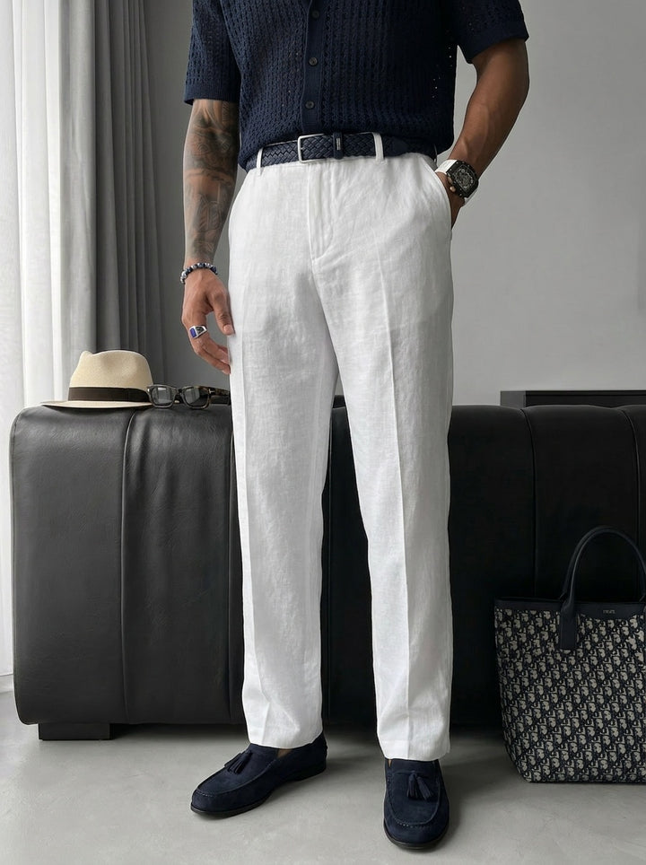 Loose Fit Linen Trousers - White