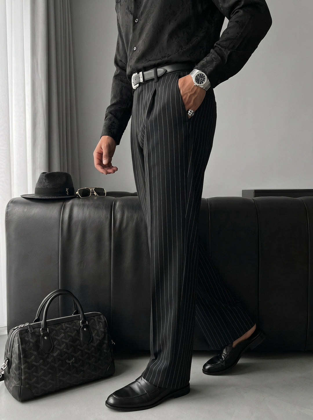 Loose Fit Striped Trousers - Black