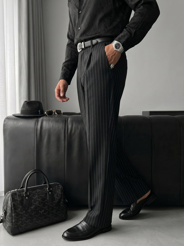Loose Fit Striped Trousers - Black