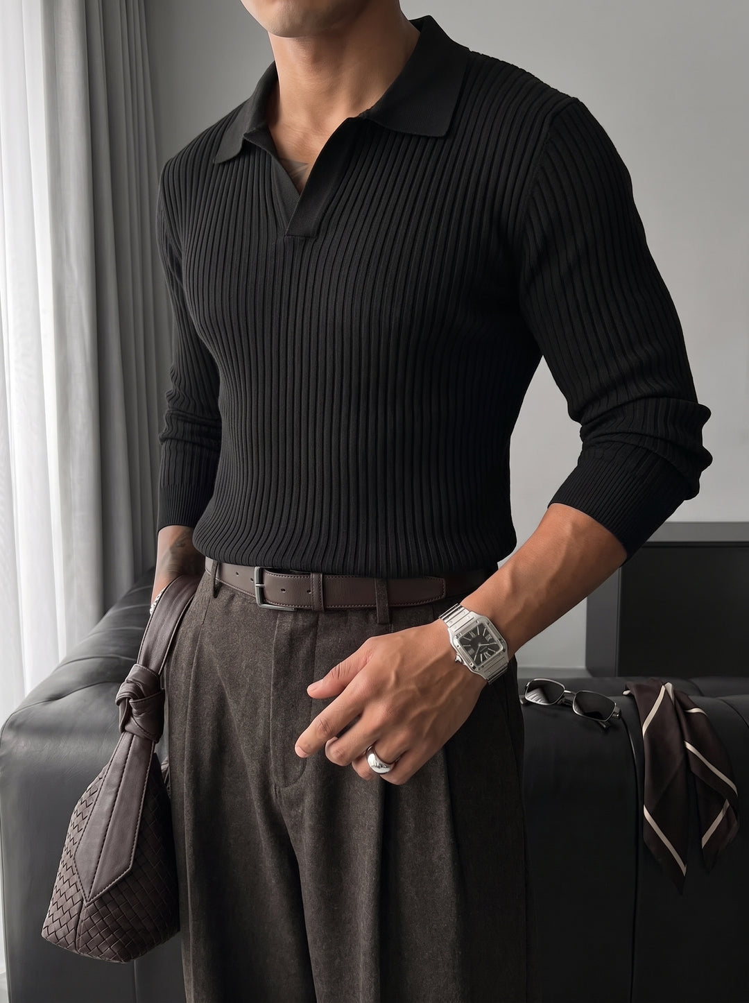 Slim Fit Knit Polo Sweater - Black