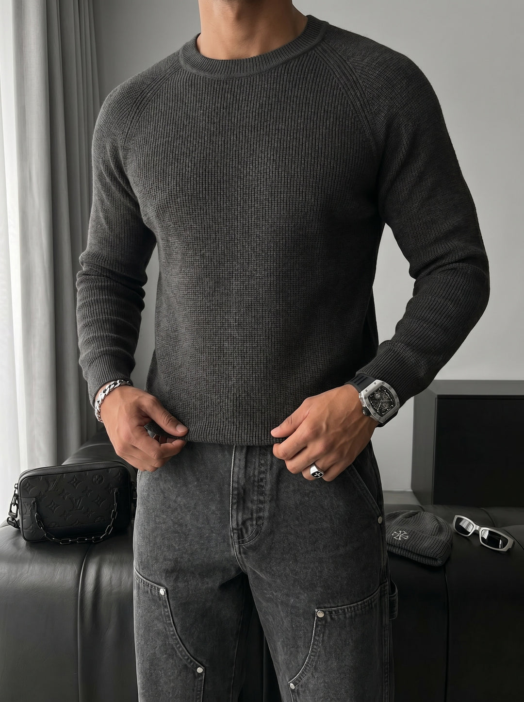 Slim Fit Thin Knit Sweater - Anthracite