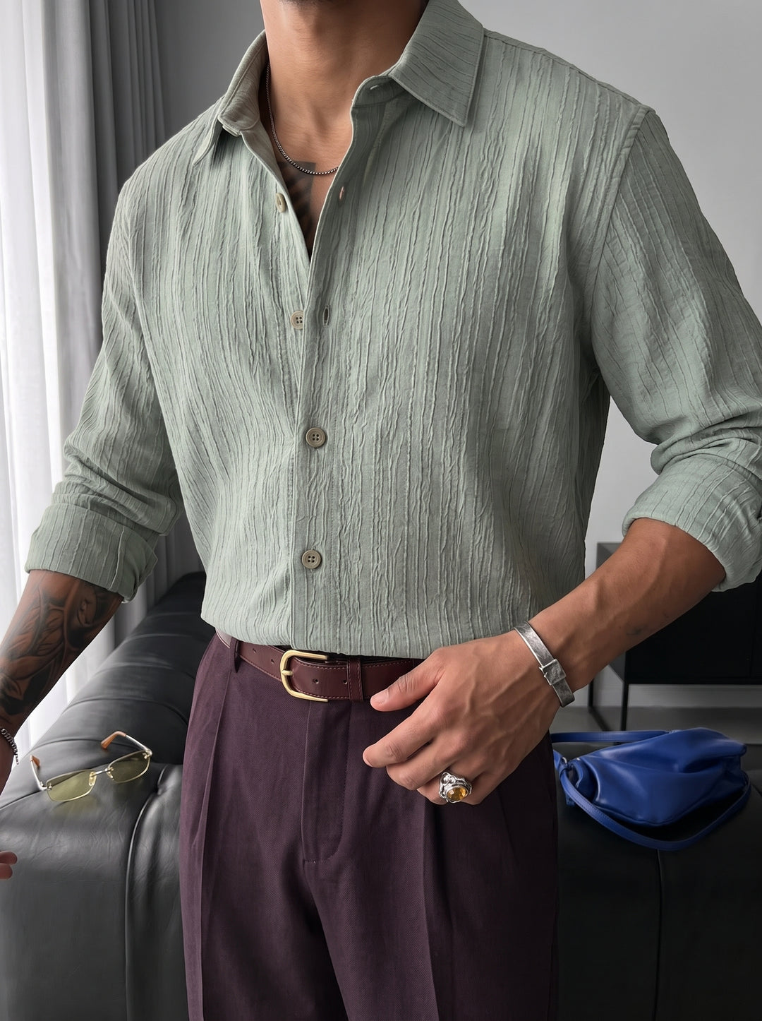 Regular Fit Pleated Shirt - Green