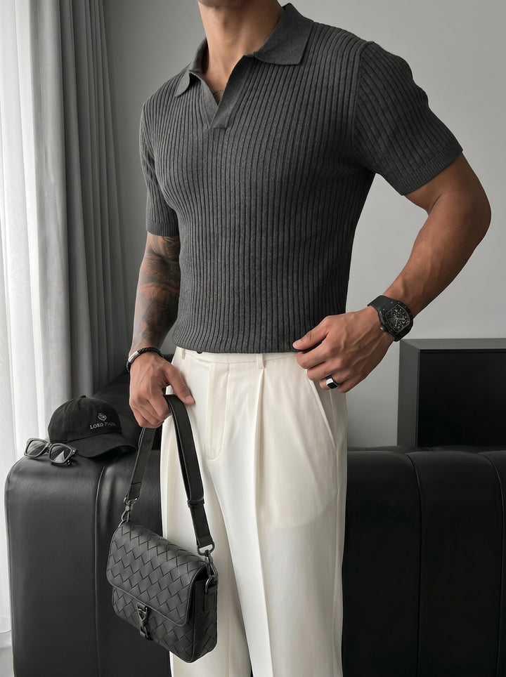 Slim Fit Knit Polo T-Shirt - Anthracite