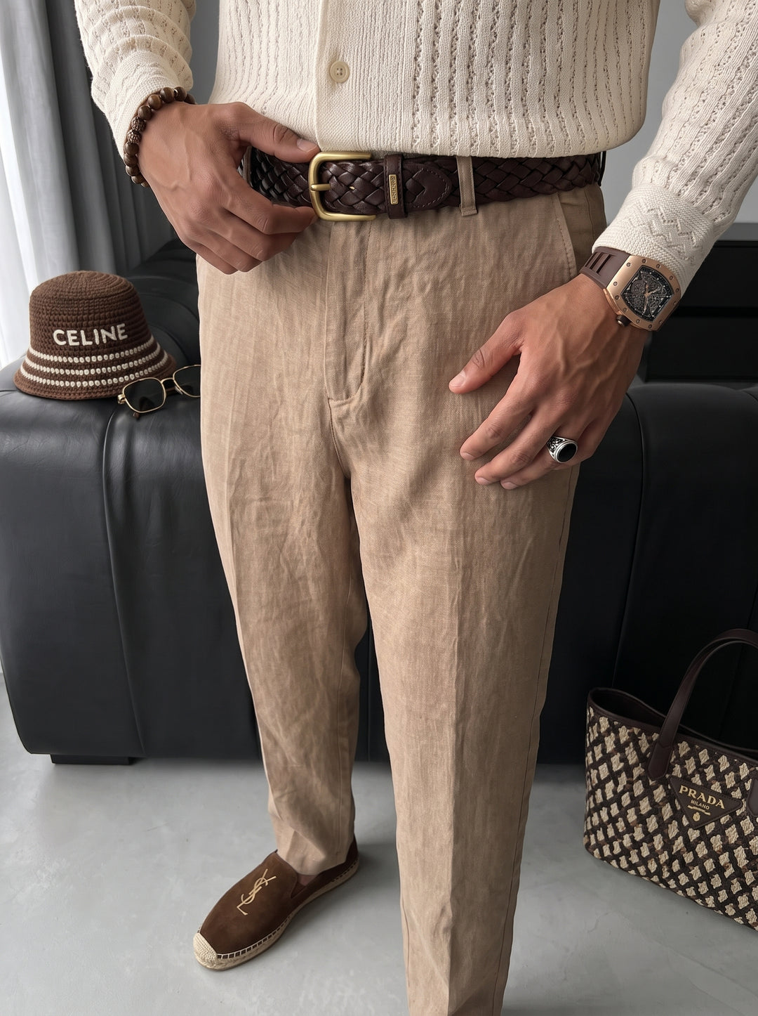 Loose Fit Linen Trousers - Beige