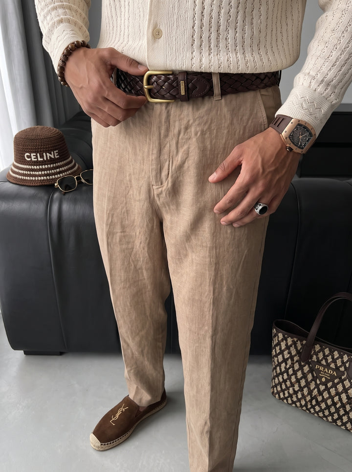Loose Fit Linen Trousers - Beige