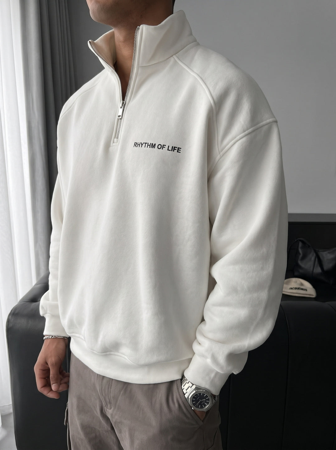 Oversize Half-Zip Motto Sweatshirt - Ecru