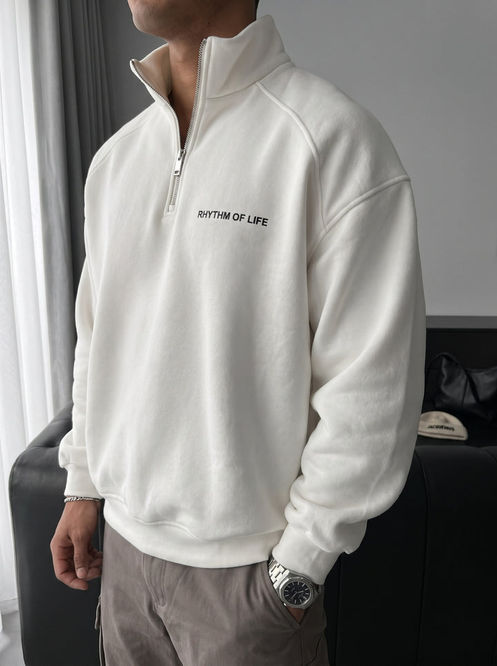 Oversize Half-Zip Motto Sweatshirt - Ecru