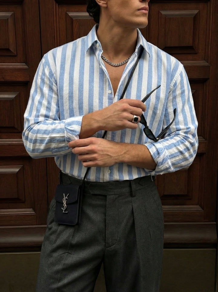Oversize Cotton Striped Shirt - Blue