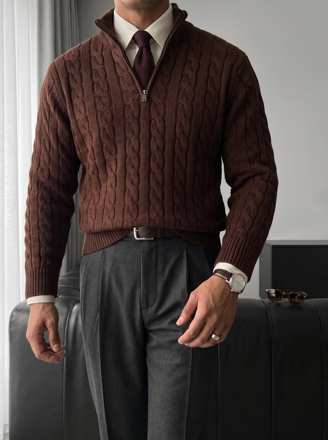 Oversize Collar Braid Pullover - Dark Brown