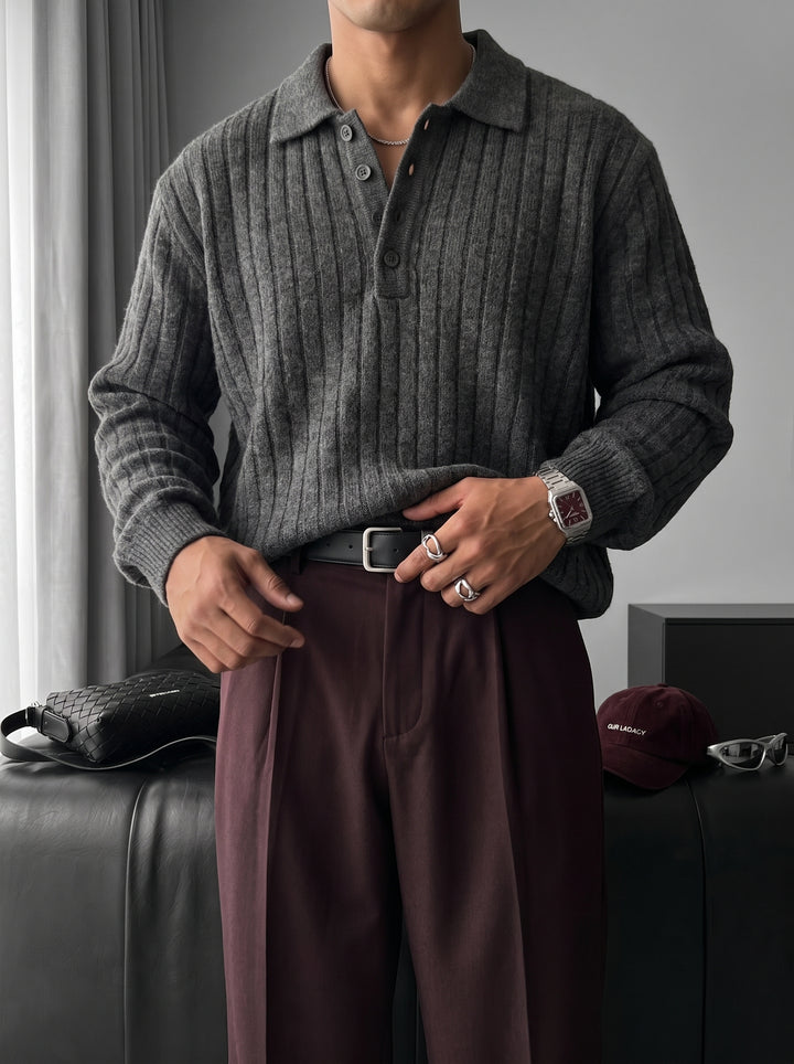 Loose Fit Polo Knit Pullover - Anthracite
