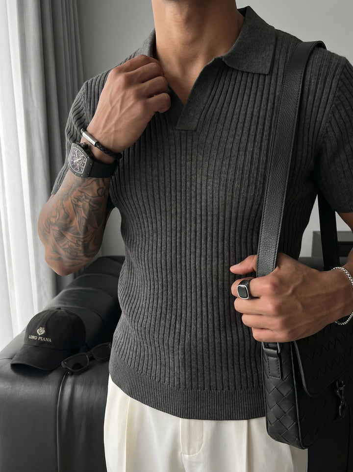 Slim Fit Knit Polo T-Shirt - Anthracite