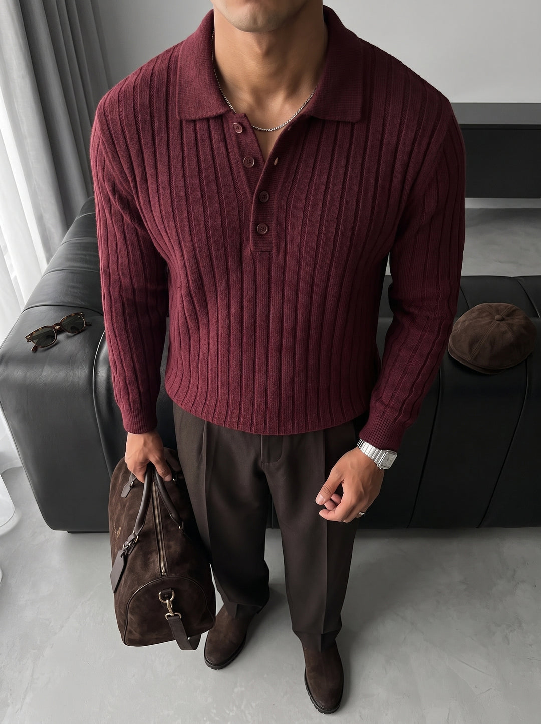 Loose Fit Polo Knit Pullover - Port Royale