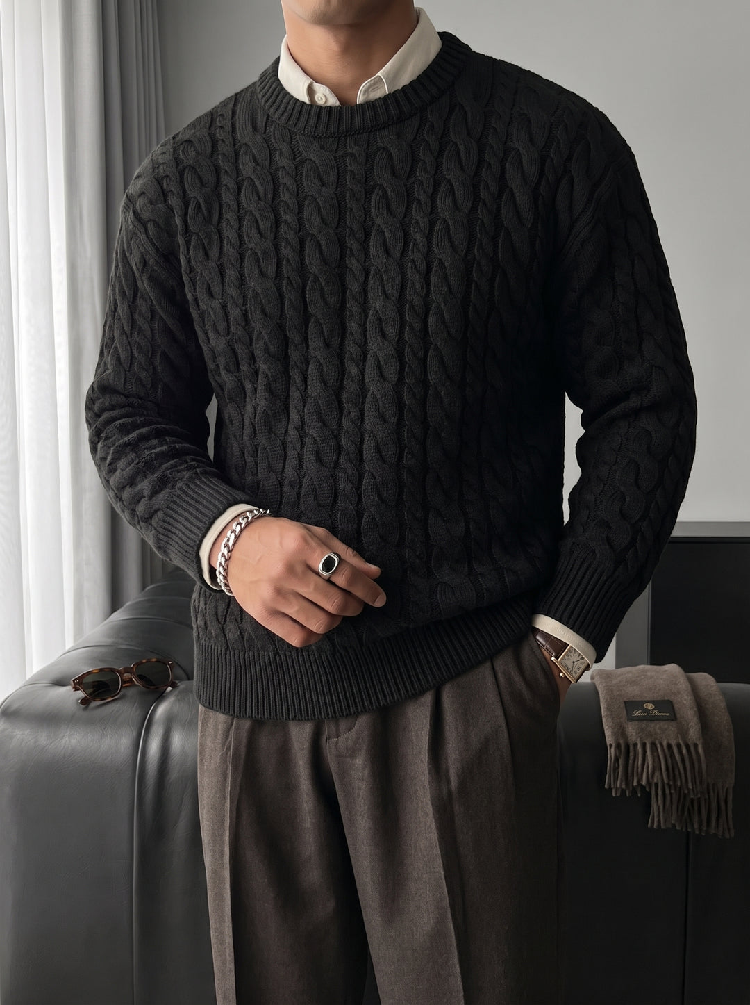 Oversize Knit Braid Sweater - Black