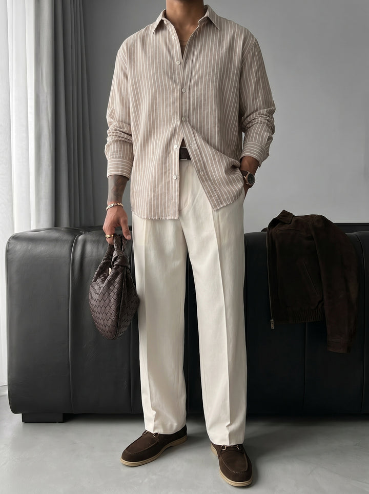 Oversize Cotton Thin Striped Shirt - Camel
