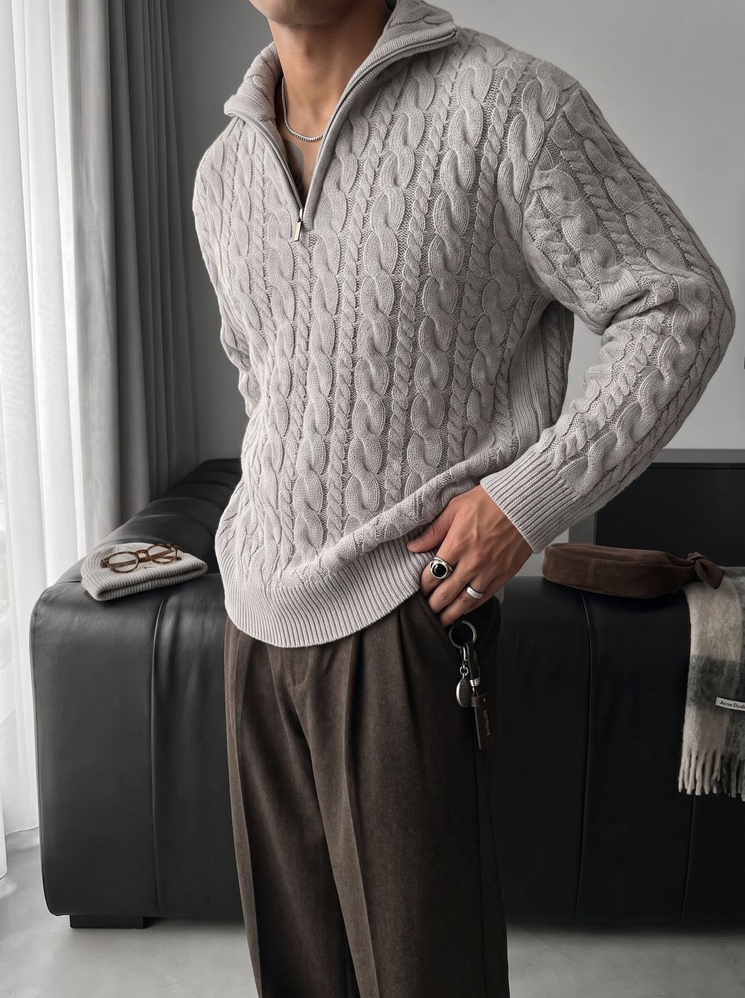 Oversize Collar Braid Zipper Pullover - Grey