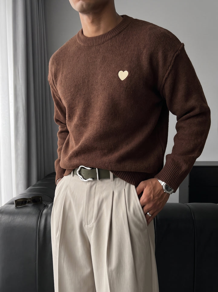 Loose Fit Heart Detail Sweater - Brown