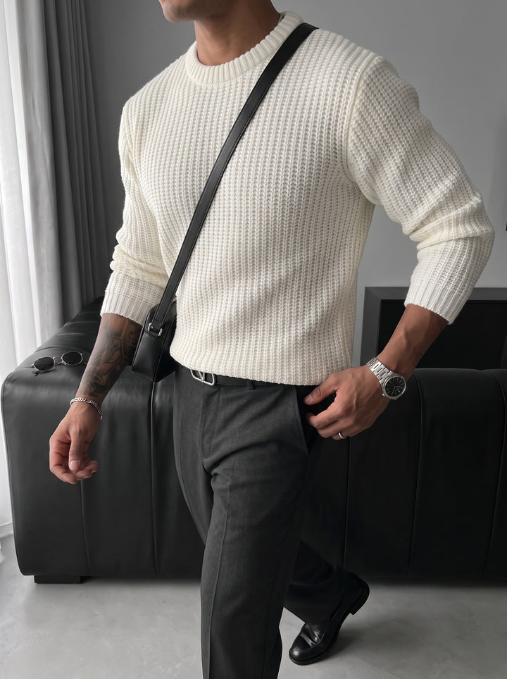 Slim Fit Braid Knit Sweater - White