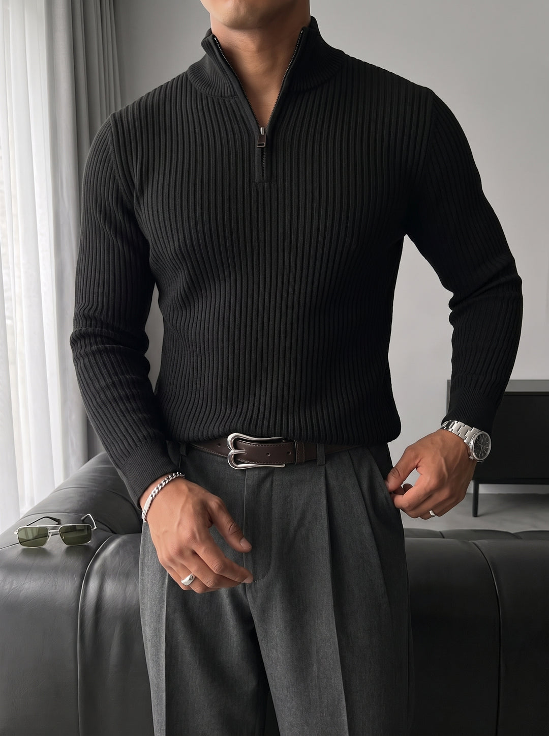 Slim Fit Half Zip Textured Sweater - Black