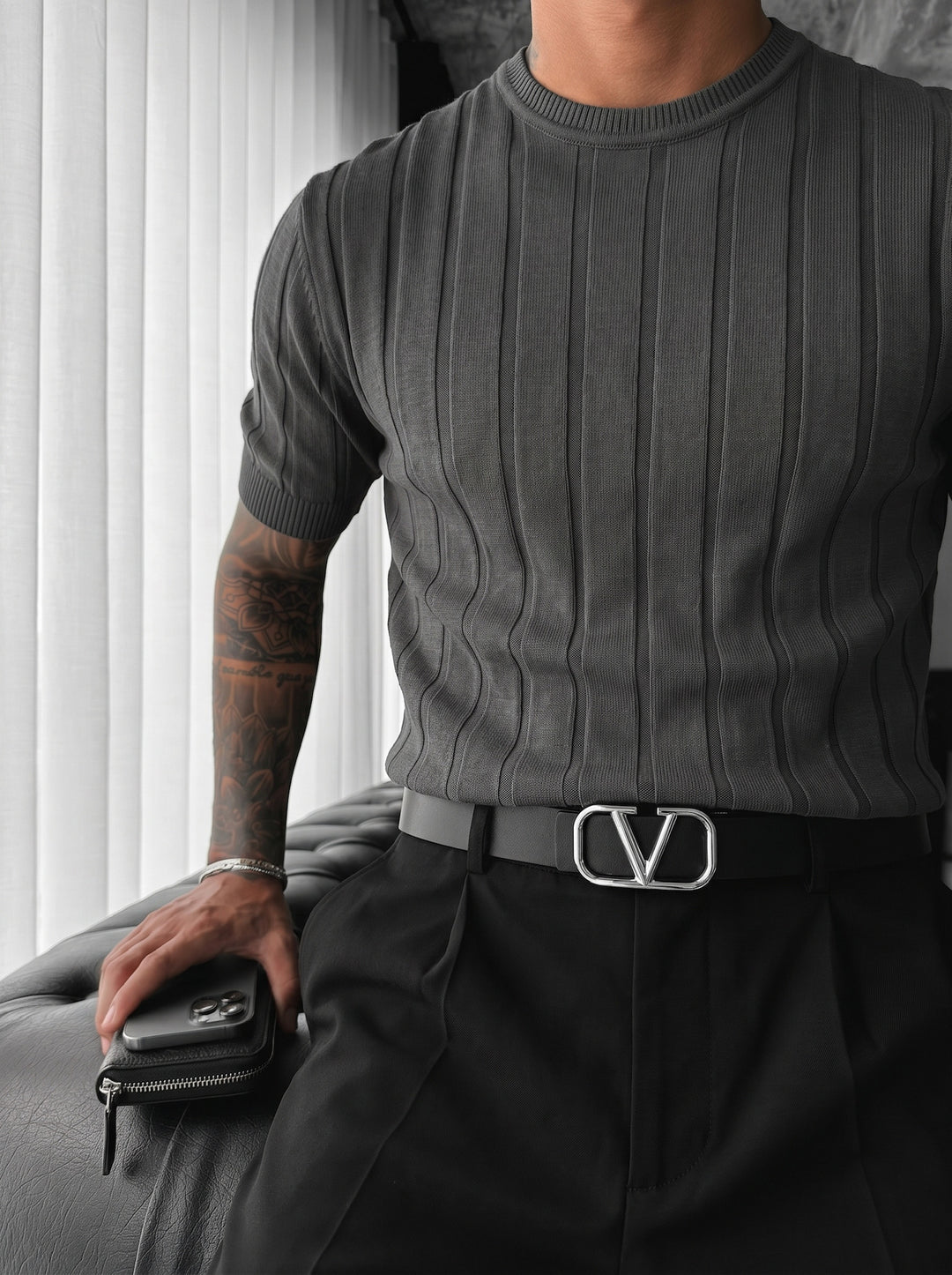 Regular Fit Knit Lines T-shirt - Anthracite