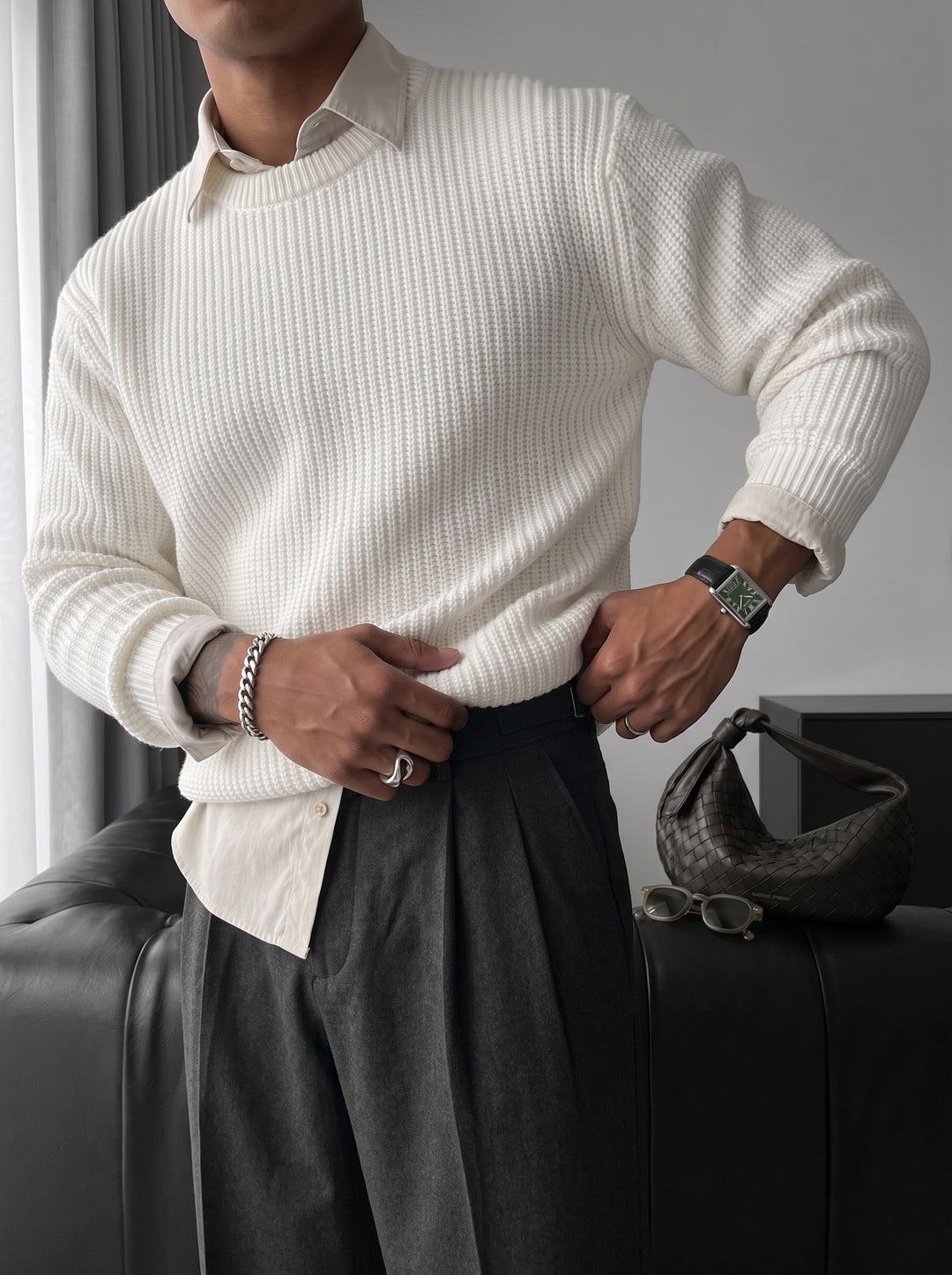 Oversize Structured Knit Sweater - Bright White