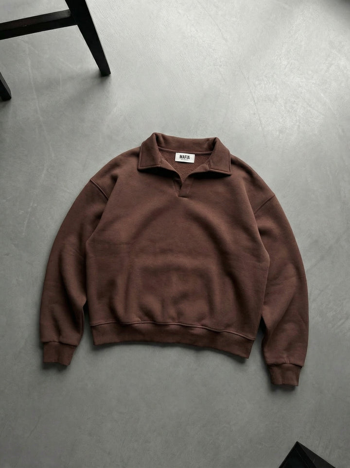 Oversize Basic Polo Sweatshirt - Chocolate Brown