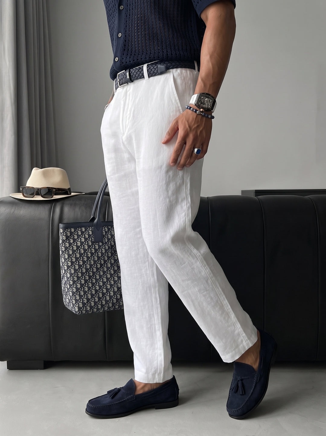 Loose Fit Linen Trousers - White