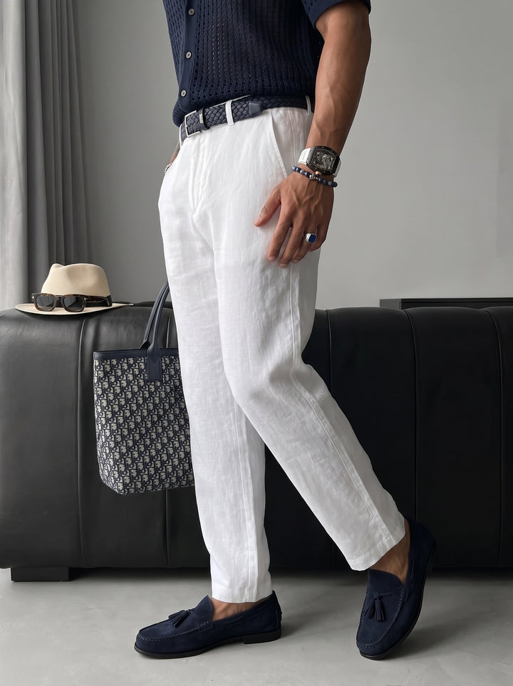 Loose Fit Linen Trousers - White